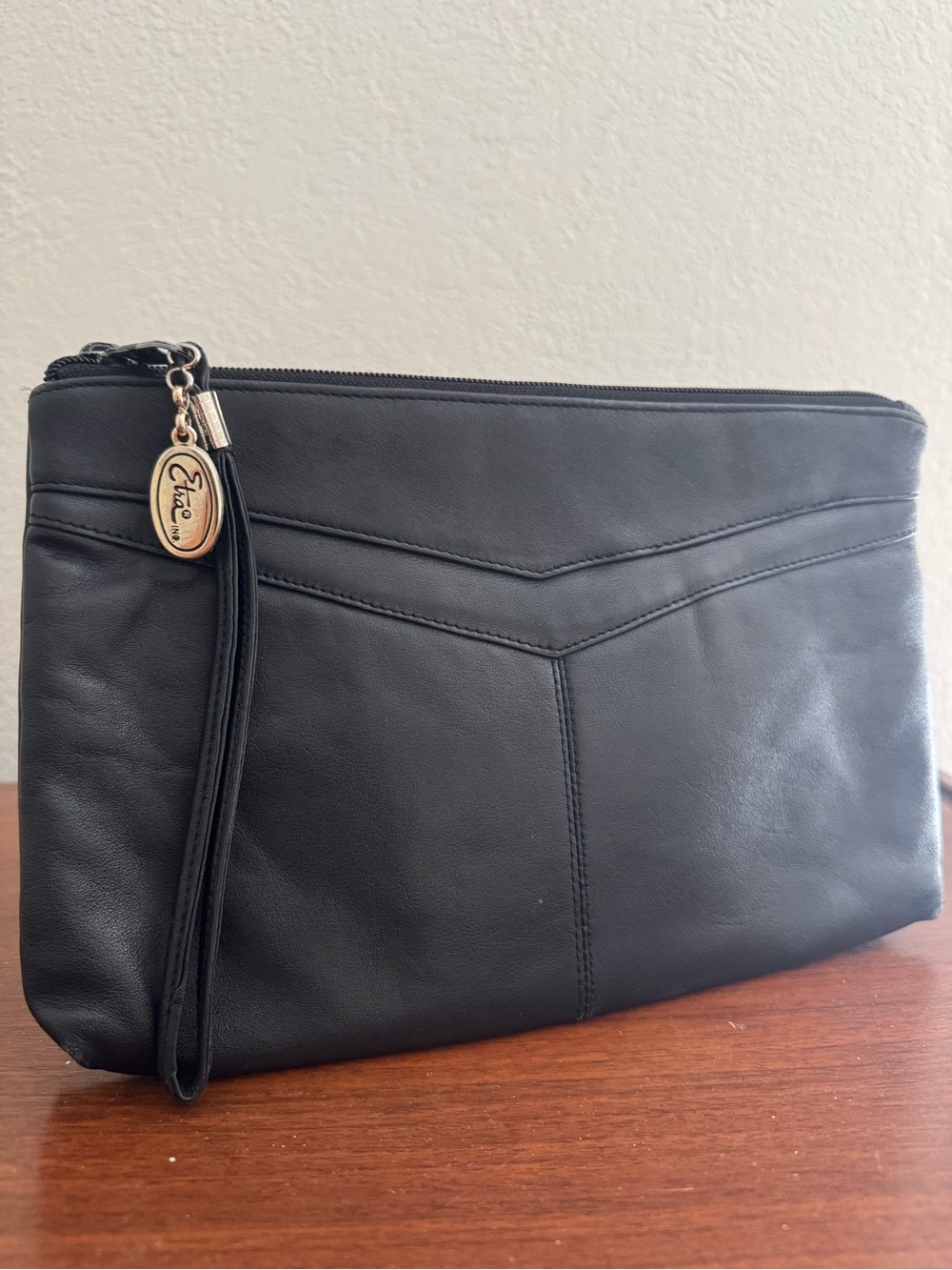 Etra Vintage 80s Black Leather Wristlet Clutch with Gold Logo Accent